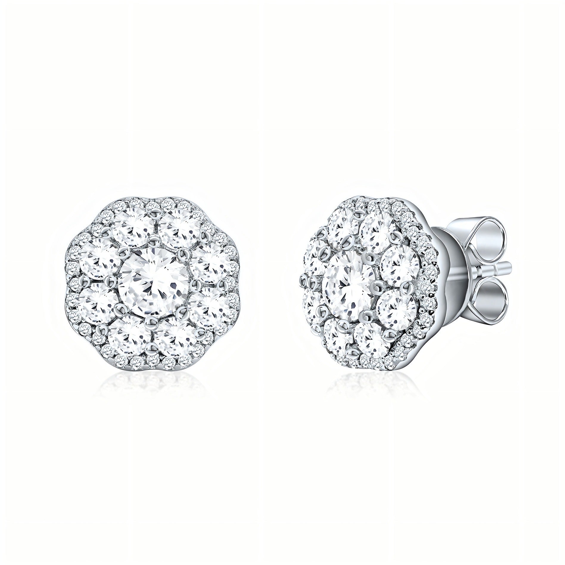 Round shaped simulated diamond earring in white stone, crafted in sterling silver plated with 18k white gold with rhodium, front side earring, main stone 10mm