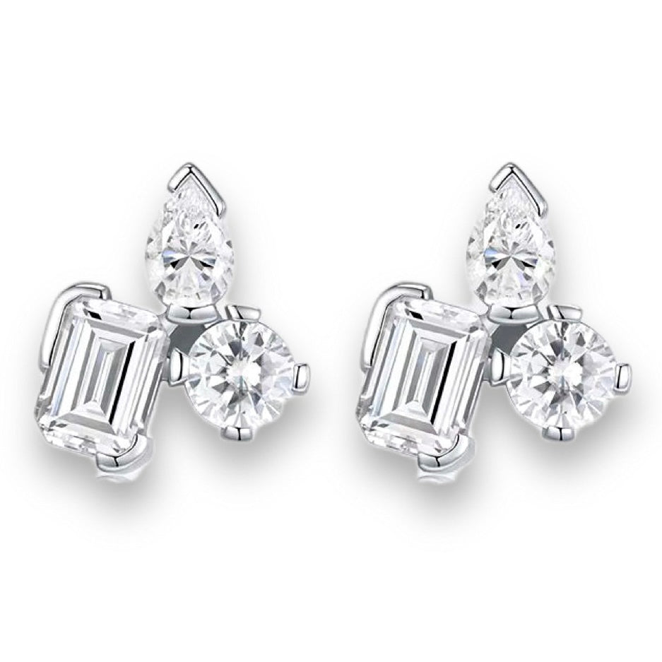 TAYLOR Moissanite Earrings – Emerald Cut 1ct, Pear Cut 0.5ct & Round Cut 0.5ct