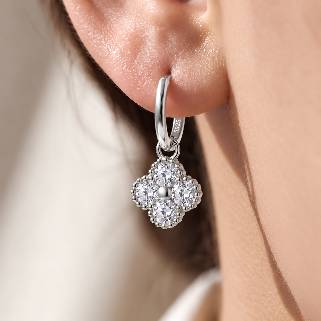 NEVE Round Cut Moissanite Clover Charm Hoop Earrings – 0.3 Carat Each (4mm)