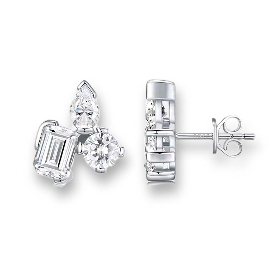TAYLOR Moissanite Earrings – Emerald Cut 1ct, Pear Cut 0.5ct & Round Cut 0.5ct