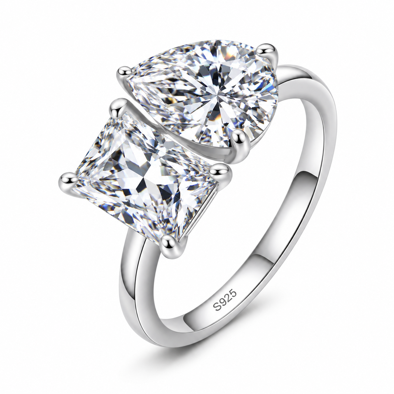 TATY 6 Carat (3 ct + 3 ct) Radiant & Pear Moissanite Ring in Sterling Silver