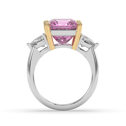  Cut Ice shaped simulated diamond ring in pink stone color, crafted in sterling silver plated with 18k white gold with rhodium, standing  side, mains stone size 10mm