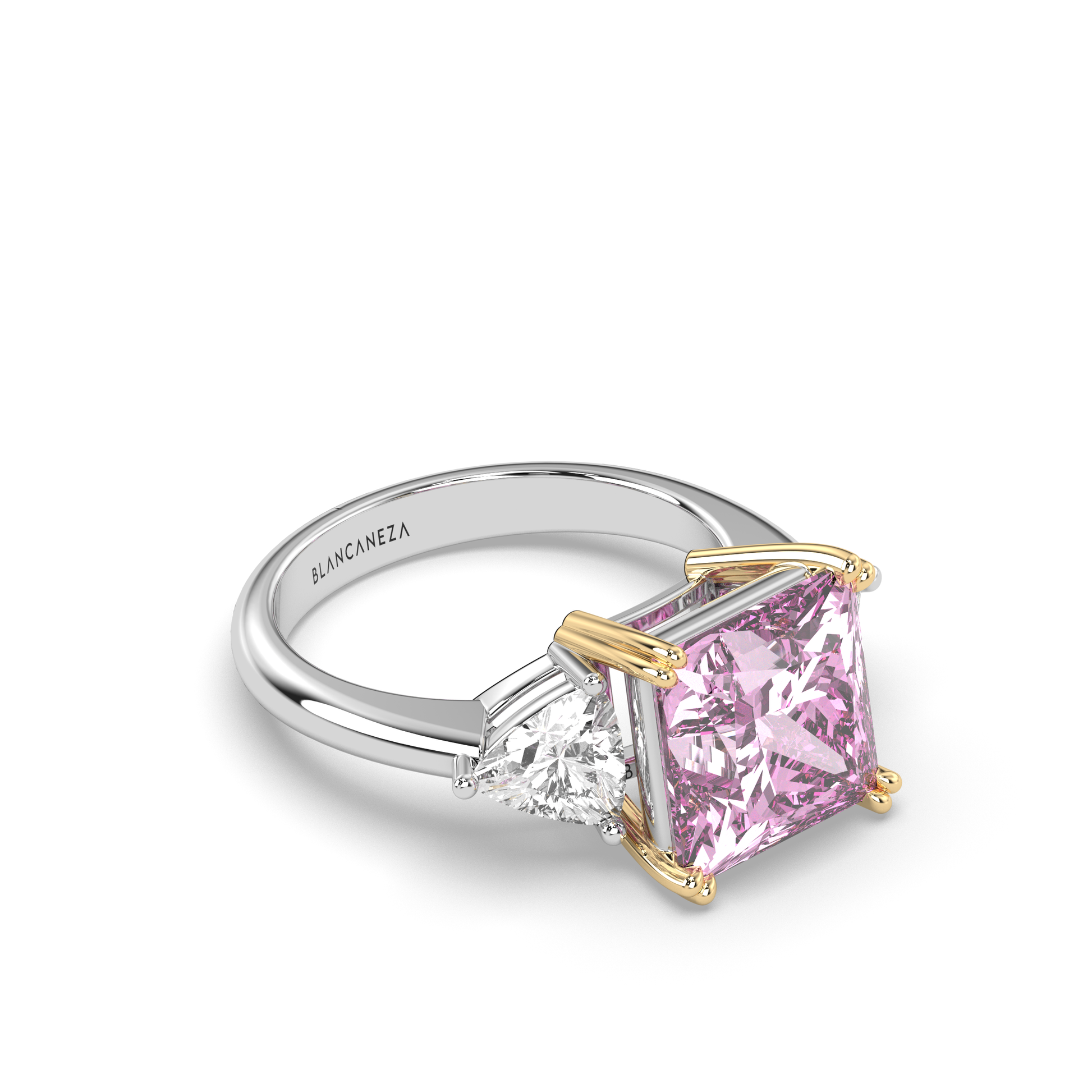 Cut Ice shaped simulated diamond ring in Pink stone color, crafted in sterling silver plated with 18k white gold with rhodium, front side, main stone 10mm