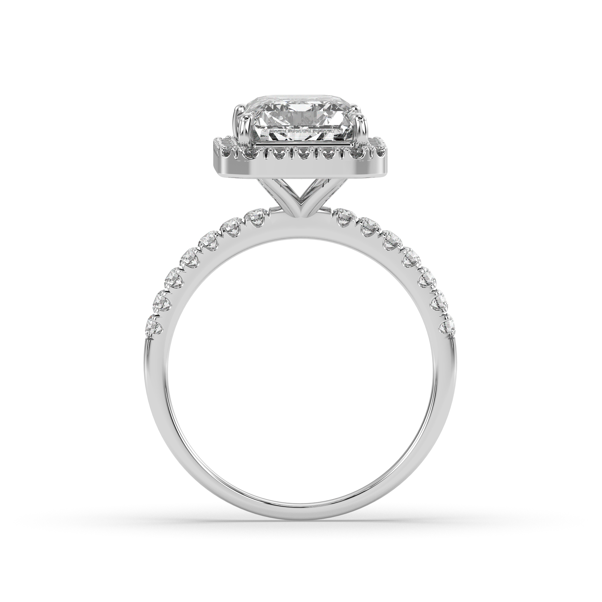 Cut Ice shaped simulated diamond ring in white stone color, crafted in sterling silver plated with 18k white gold with rhodium, standing side, main stone size 10mm