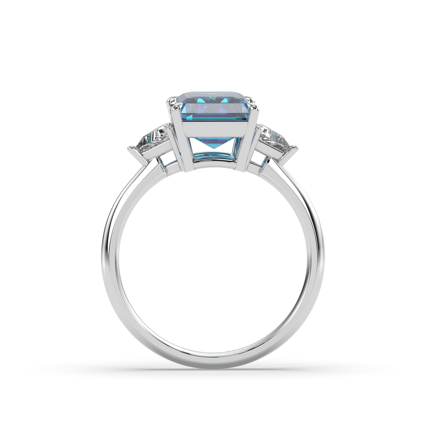 Cut Ice shaped simulated diamond ring in blue stone color, crafted in sterling silver plated with 18k white gold with rhodium, standing side, mains stone size 10mm