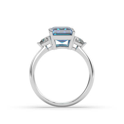 Cut Ice shaped simulated diamond ring in blue stone color, crafted in sterling silver plated with 18k white gold with rhodium, standing side, mains stone size 10mm