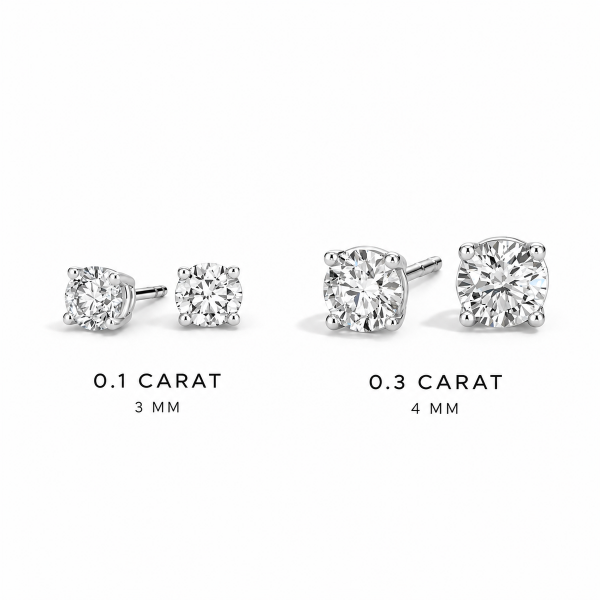 CINDY Round Cut Moissanite Stud Earring Set – 0.1 + 0.3 Carat Each (3mm, 4mm)