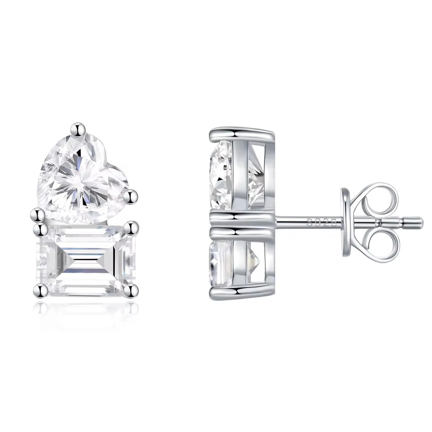 ROSE Moissanite Stud Earrings – 1 Carat Emerald Cut & 1 Carat Heart Cut