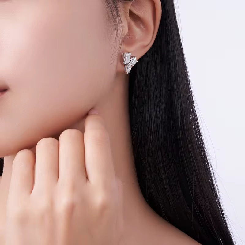 TAYLOR Moissanite Stud Earrings – 1 Carat Emerald Cut, 0.5 Carat Pear Cut & 0.5 Carat Round Cut