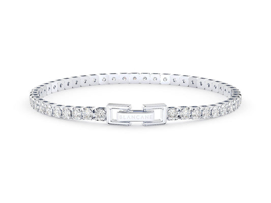 Cut Ice shaped simulated diamond tennis chain bracelet in white stone, crafted in sterling silver plated with 18k white gold with rhodium, front side, main stone size 4mm