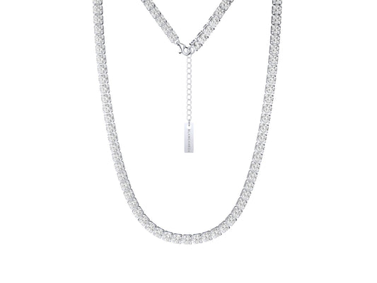 Tennis Chain simulated diamond Necklace in white stone color, crafted in sterling silver plated with 18k white gold with rhodium, front side, stone size 2mm