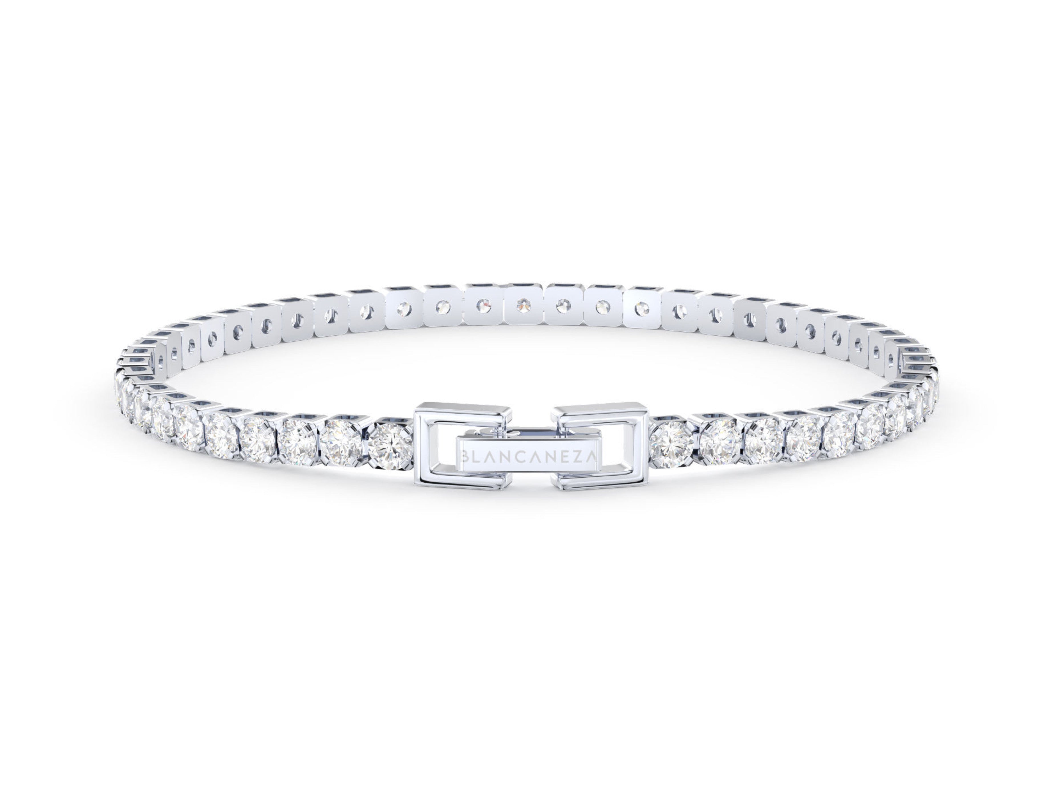 Cut Ice shaped simulated diamond tennis chain bracelet in white stone, crafted in sterling silver plated with 18k white gold with rhodium, front side, main stone size 3mm