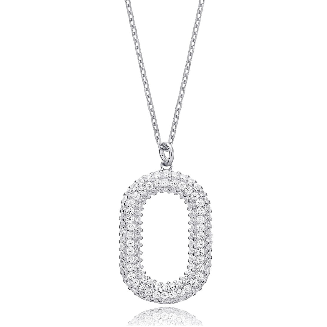 simulated diamond necklace, crafted in sterling silver plated with 18k white gold with rhodium, front side, details of necklace, main stone  1.75mm