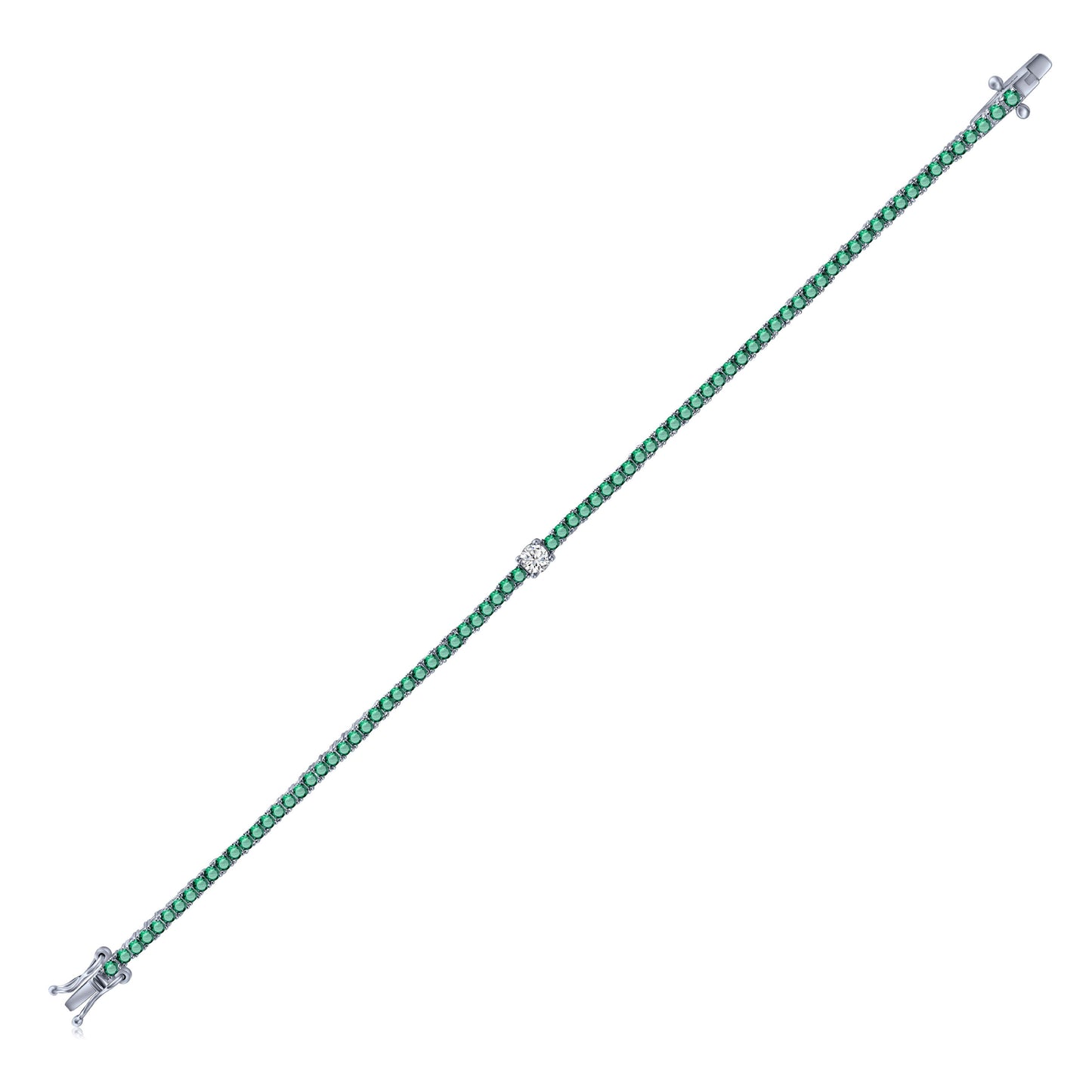 Cut Ice shaped simulated diamond tennis chain bracelet in green stone, crafted in sterling silver plated with 18k white gold with rhodium, standing side, main stone size 2mm