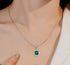 Esmeralda simulated diamond necklace in green color, crafted in sterling silver plated with 18k white gold with rhodium, necklace on woman neck, details of necklace