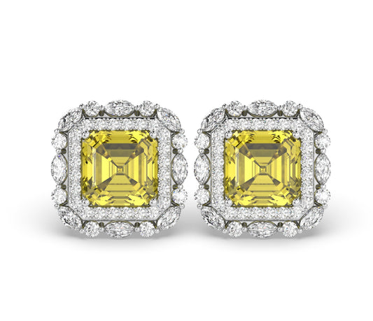 Cut Ice shaped simulated diamond earring in yellow stone color, crafted in sterling silver plated with 18k white gold with rhodium, front side