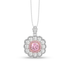 Cut Ice shaped simulated diamond necklace in pink stone color, crafted in sterling silver plated with 18k white gold with rhodium, front side, details of necklace