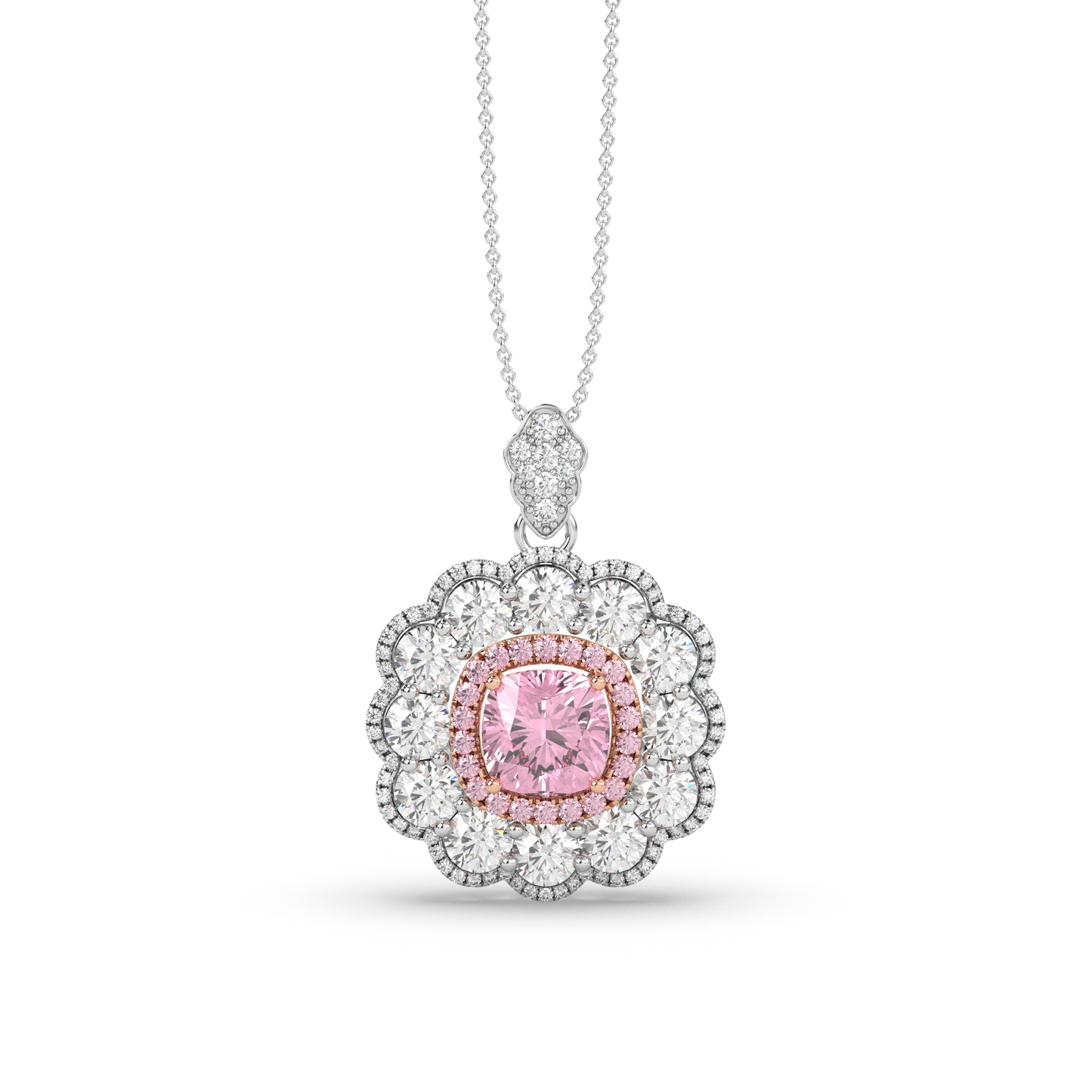 Cut Ice shaped simulated diamond necklace in pink stone color, crafted in sterling silver plated with 18k white gold with rhodium, front side, details of necklace