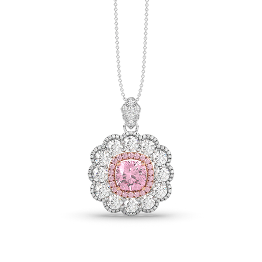 Cut Ice shaped simulated diamond necklace in pink stone color, crafted in sterling silver plated with 18k white gold with rhodium, front side, details of necklace