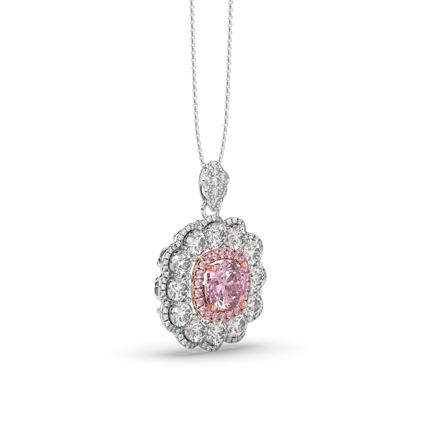 Cut Ice shaped simulated diamond necklace in pink stone color, crafted in sterling silver plated with 18k white gold with rhodium, side along, details of necklace