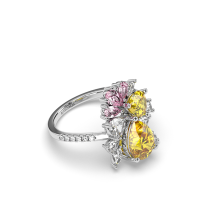 Pear shaped simulated diamond ring in yellow, pink and white stones, crafted in sterling silver plated with 18k white gold with rhodium, side along ring, main stone 10mm