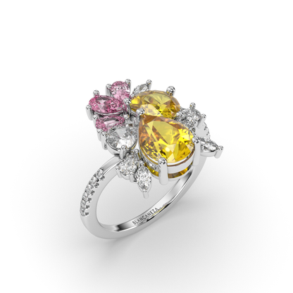 Pear shaped simulated diamond ring in yellow, pink and white stones, crafted in sterling silver plated with 18k white gold with rhodium, standing ring, main stone 10mm