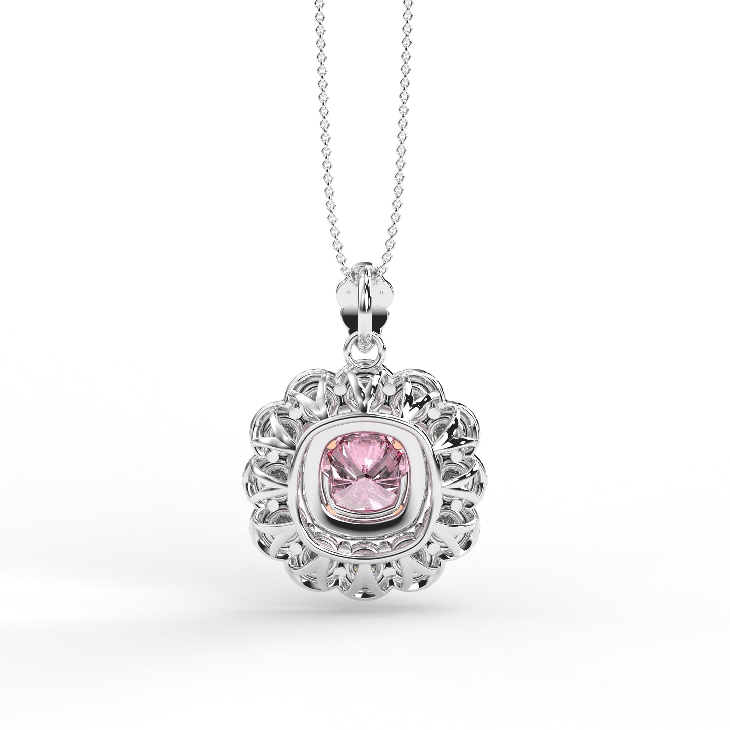 Cut Ice shaped simulated diamond necklace in pink stone color, crafted in sterling silver plated with 18k white gold with rhodium, back side, details of necklace