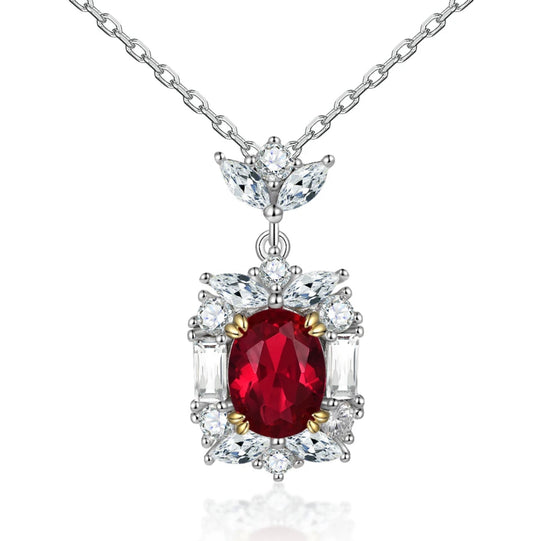 Oval shaped simulated diamond necklace in red stone color, crafted in sterling silver plated with 18k white gold with rhodium, front side, main stone size 10mm