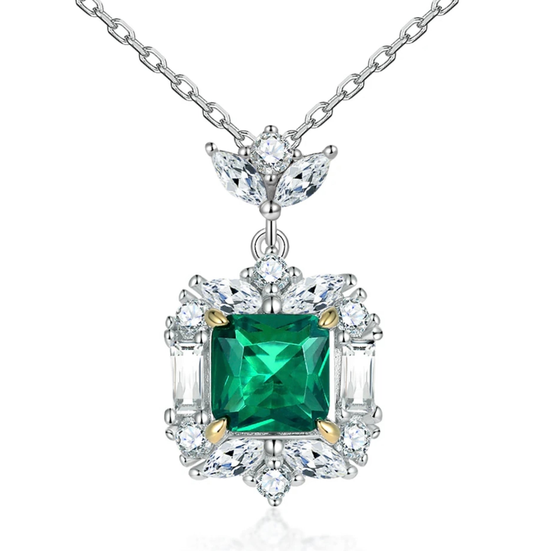 Esmeralda simulated diamond necklace in green color, crafted in sterling silver plated with 18k white gold with rhodium, front side, details of necklace