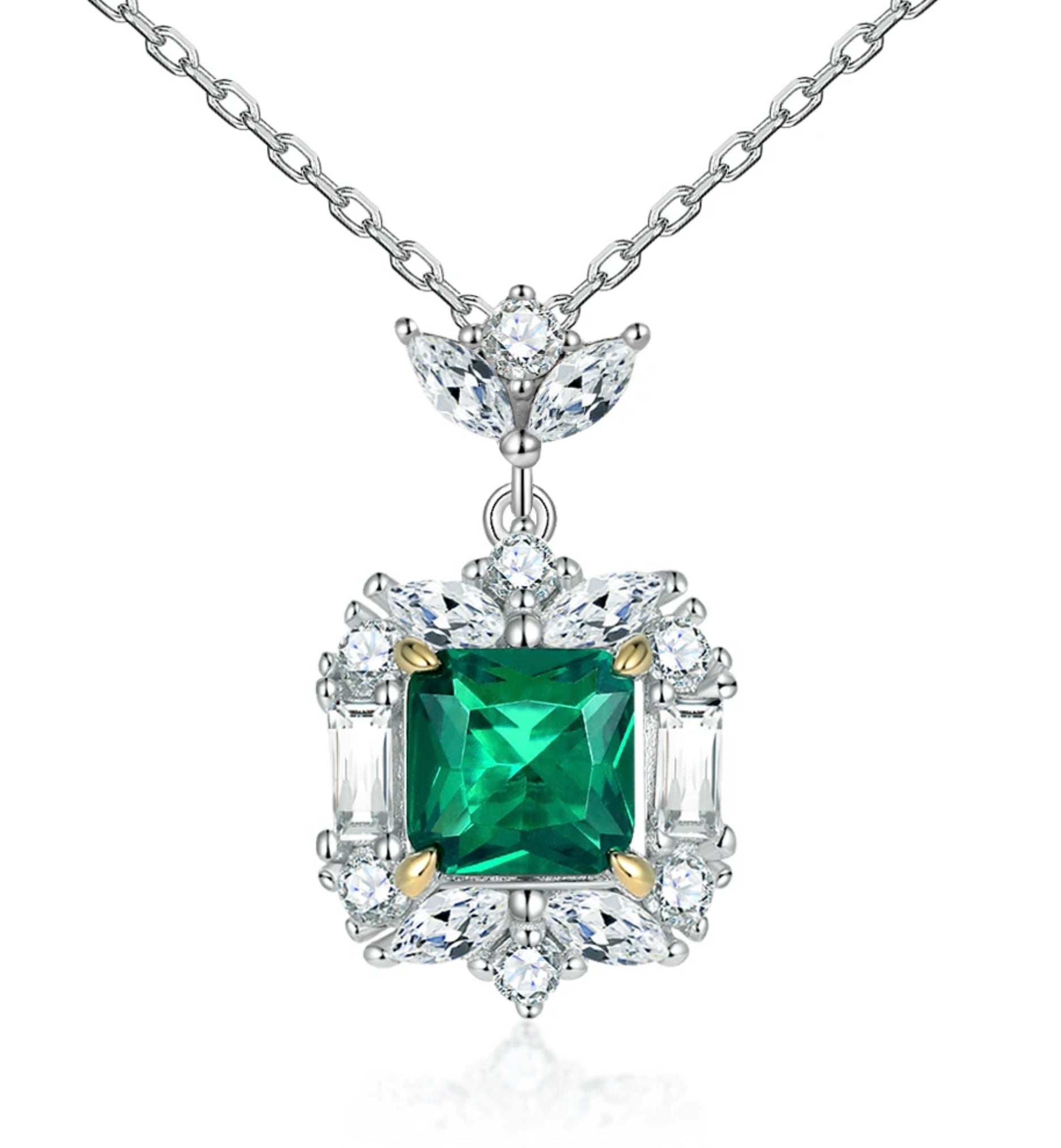 Esmeralda simulated diamond necklace in green color, crafted in sterling silver plated with 18k white gold with rhodium, front side, details of necklace