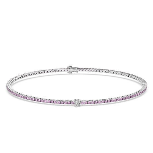 Cut Ice shaped simulated diamond tennis chain bracelet in pink stone, crafted in sterling silver plated with 18k white gold with rhodium, front side, main stone size 2mm