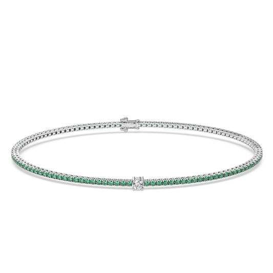 Cut Ice shaped simulated diamond tennis chain bracelet in green stone, crafted in sterling silver plated with 18k white gold with rhodium, front side, main stone size 2mm