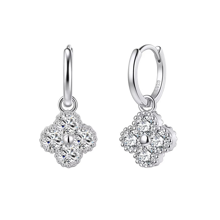 NEVE Round Cut Moissanite Clover Charm Hoop Earrings – 0.3 Carat Each (4mm)