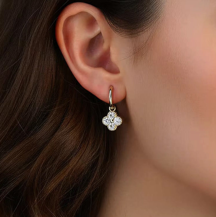 NEVE Round Cut Moissanite Clover Charm Hoop Earrings – 0.3 Carat Each (4mm)