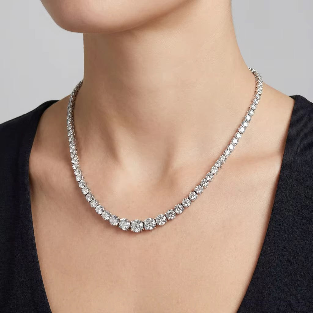 INGRID 1ct, 0.5ct, 0.3ct, 0.1ct Round Cut Moissanite Necklace in Sterling Silver - 17 inches