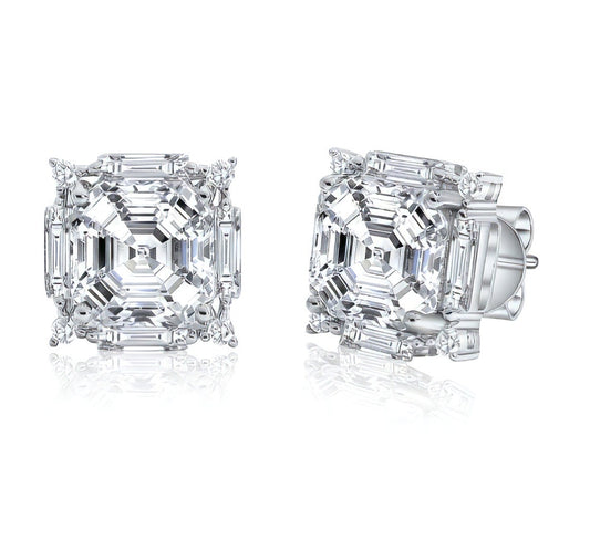 Cut ice shaped simulated diamond earring in white stone, crafted in sterling silver plated with 18k white gold with rhodium, front side earring , main stone 10mm