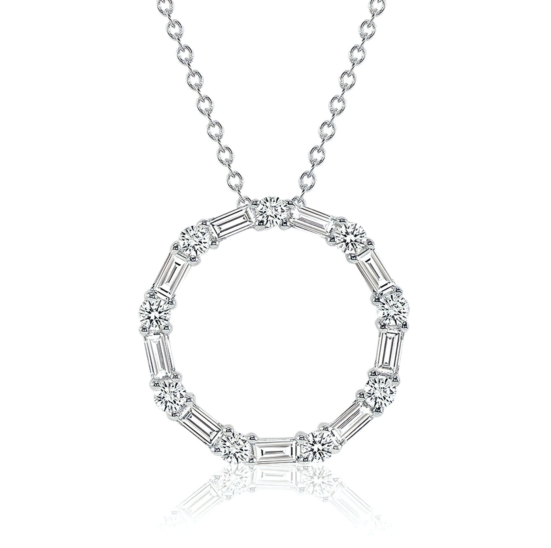 simulated diamond necklace, crafted in sterling silver plated with 18k white gold with rhodium, front side, details of necklace