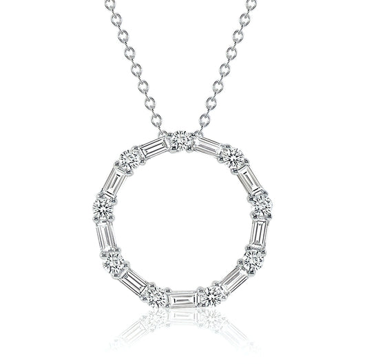simulated diamond necklace, crafted in sterling silver plated with 18k white gold with rhodium, front side, details of necklace