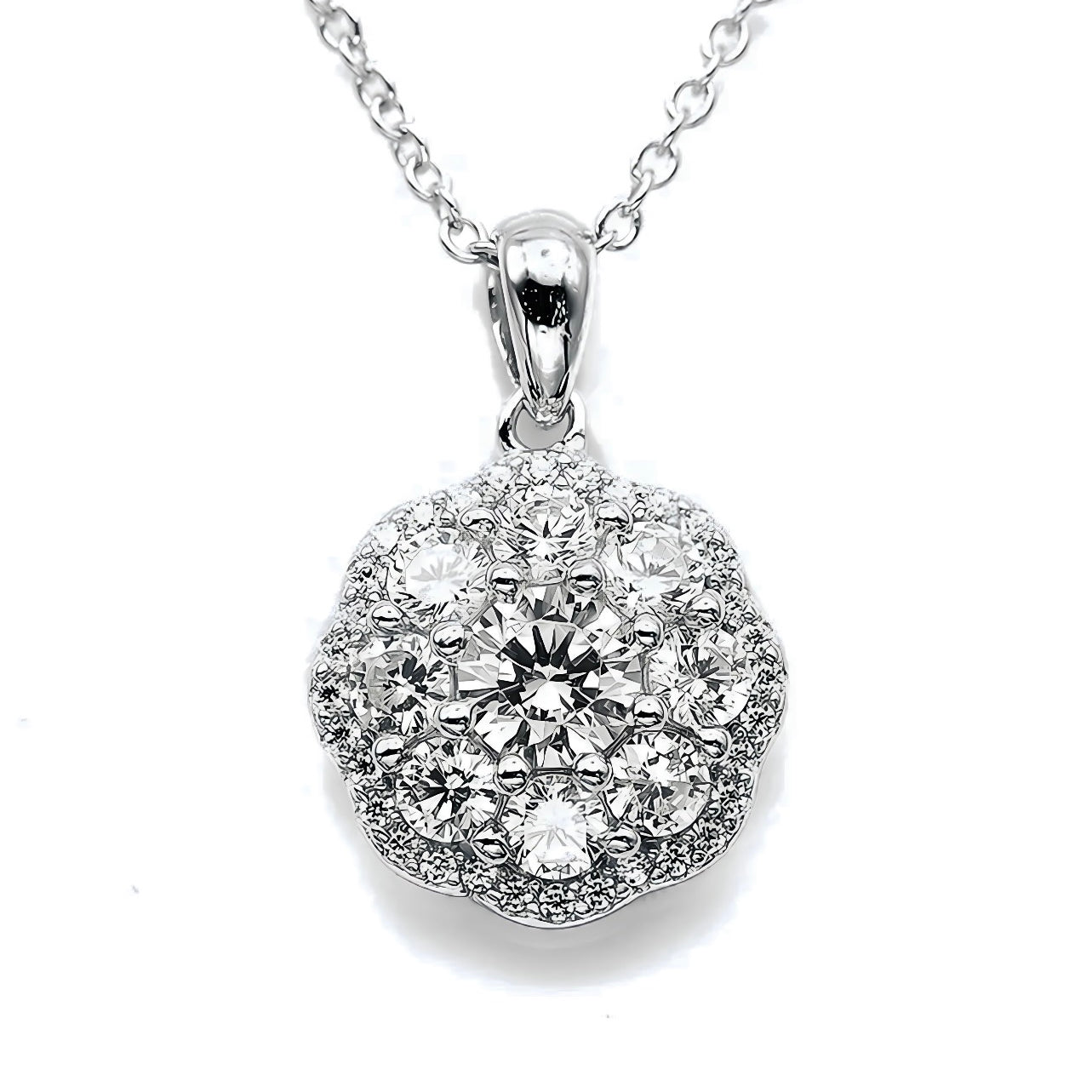 simulated diamond flower necklace, crafted in sterling silver plated with 18k white gold with rhodium, front side, details of necklace