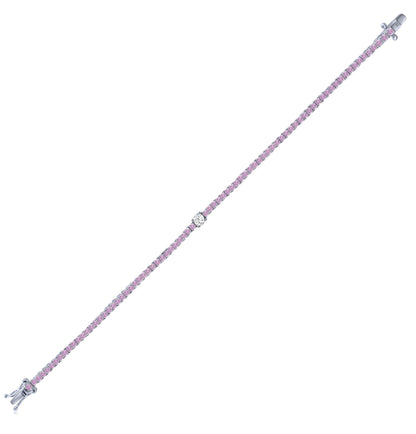 Cut Ice shaped simulated diamond tennis chain bracelet in pink stone, crafted in sterling silver plated with 18k white gold with rhodium, standing side, main stone size 2mm