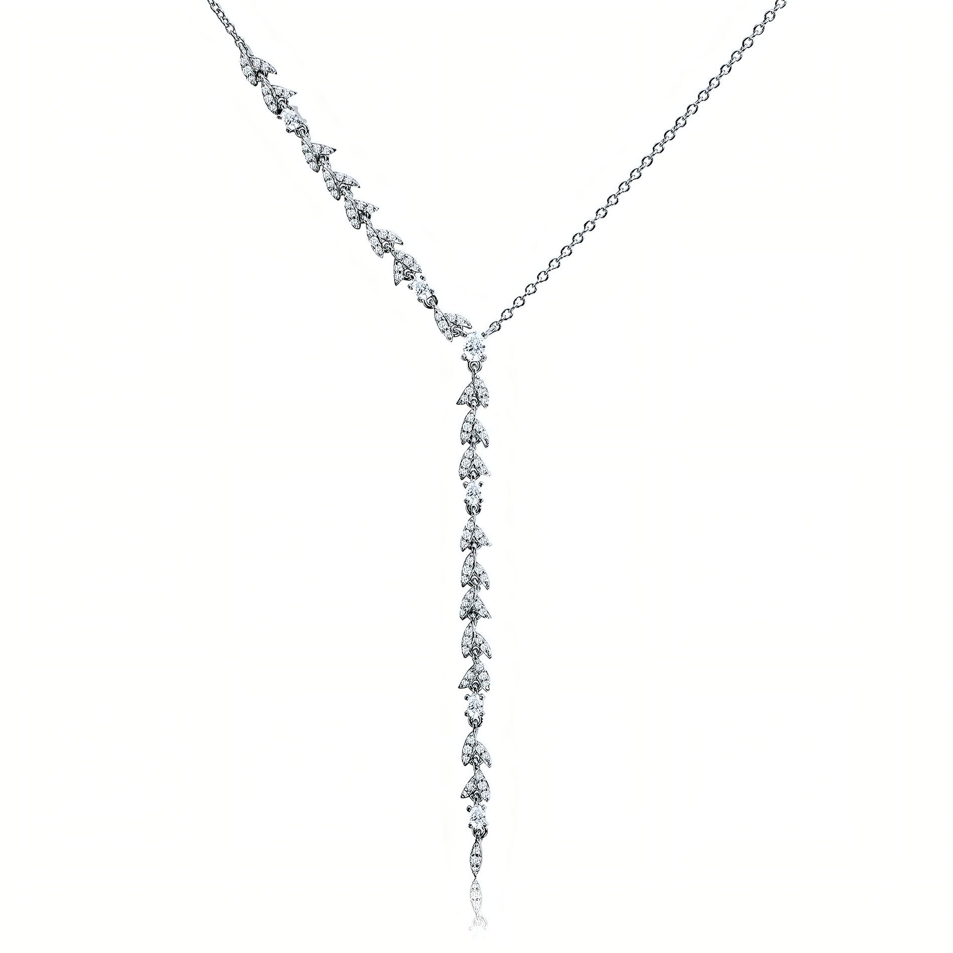 Round shaped simulated diamond necklace in white stone, crafted in sterling silver plated with 18k white gold with rhodium, front side necklace