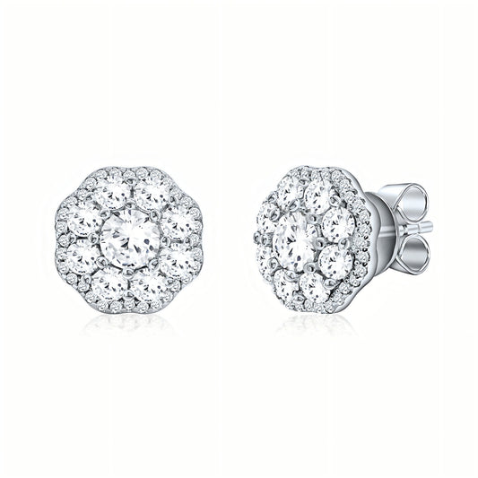 Round shaped simulated diamond earring in white stone, crafted in sterling silver plated with 18k white gold with rhodium, front side earring, main stone 10mm