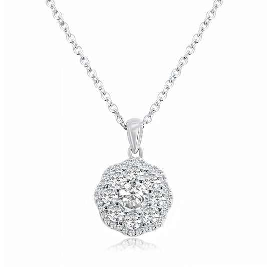 simulated diamond flower necklace, crafted in sterling silver plated with 18k white gold with rhodium, front side, details of necklace