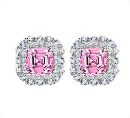 Cut Ice shaped simulated diamond earring in Pink stone, crafted in sterling silver plated with 18k white gold with rhodium, front side, main stone size 10mm