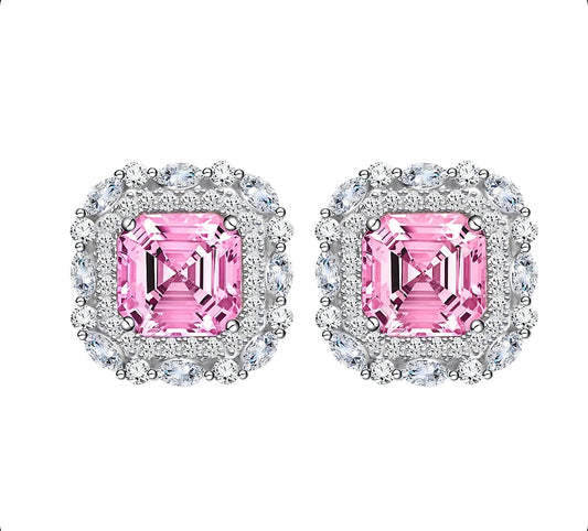 Cut Ice shaped simulated diamond earring in Pink stone, crafted in sterling silver plated with 18k white gold with rhodium, front side, main stone size 10mm
