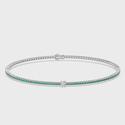 Cut Ice shaped simulated diamond tennis chain bracelet in green stone, crafted in sterling silver plated with 18k white gold with rhodium, 3D video animation of all bracelet details, main stone size 2mm