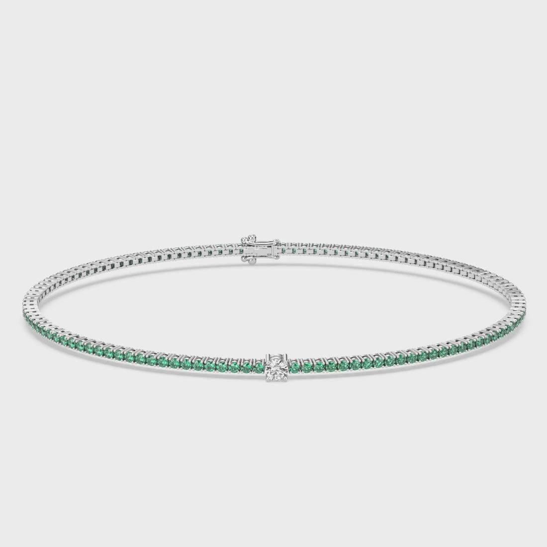 Cut Ice shaped simulated diamond tennis chain bracelet in green stone, crafted in sterling silver plated with 18k white gold with rhodium, 3D video animation of all bracelet details, main stone size 2mm