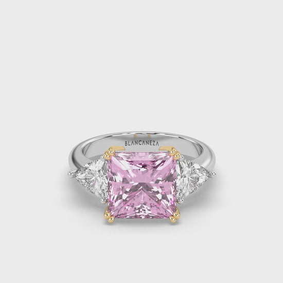 Cut Ice shaped simulated diamond ring in pink stone color, crafted in sterling silver plated with 18k white gold with rhodium, video in 3D animation, mains stone size 10mm, ring details in video