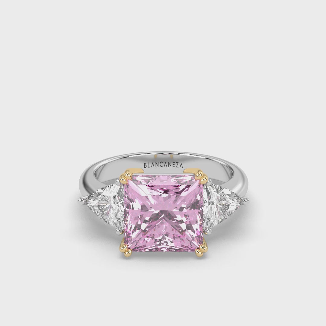 Cut Ice shaped simulated diamond ring in pink stone color, crafted in sterling silver plated with 18k white gold with rhodium, video in 3D animation, mains stone size 10mm, ring details in video