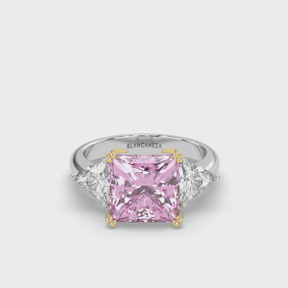 Cut Ice shaped simulated diamond ring in pink stone color, crafted in sterling silver plated with 18k white gold with rhodium, video in 3D animation, mains stone size 10mm, ring details in video